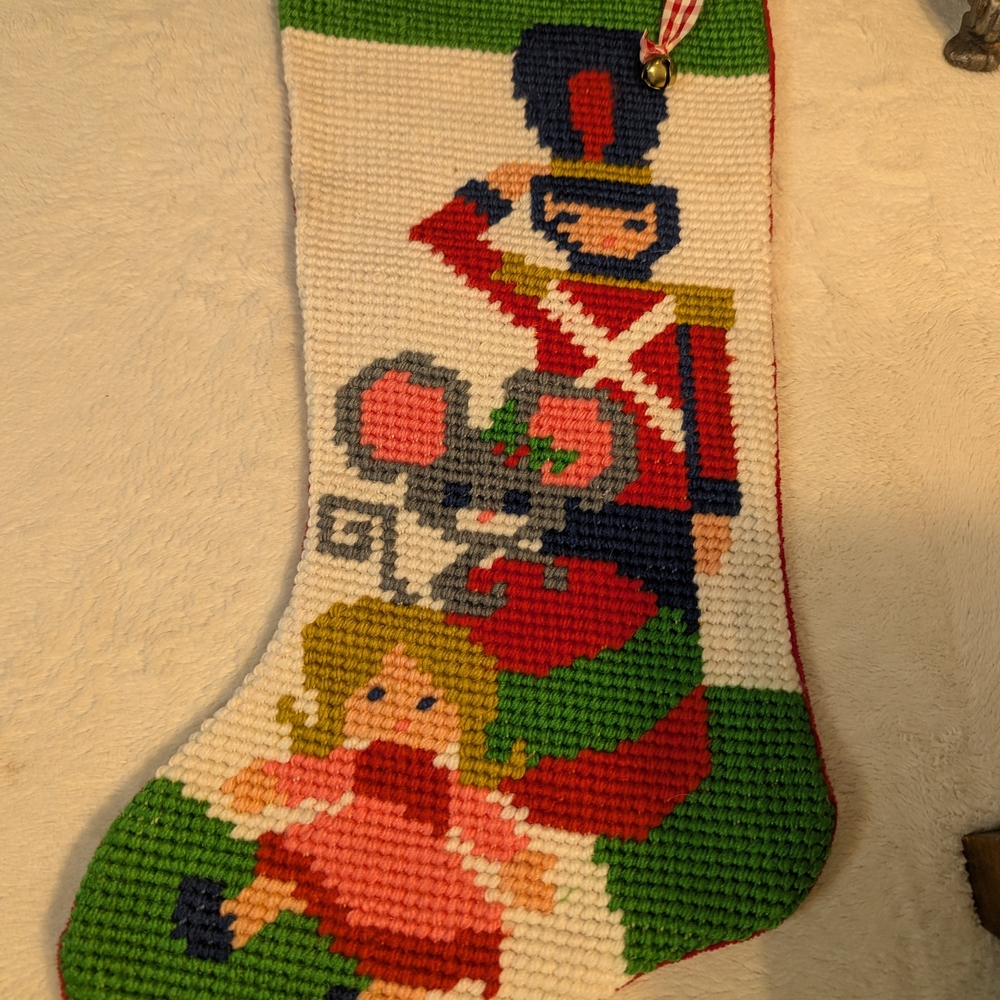 Handmade Needlepoint Nutcracker & Doll Christmas Stocking - Red Green White - Picture 4 of 8
